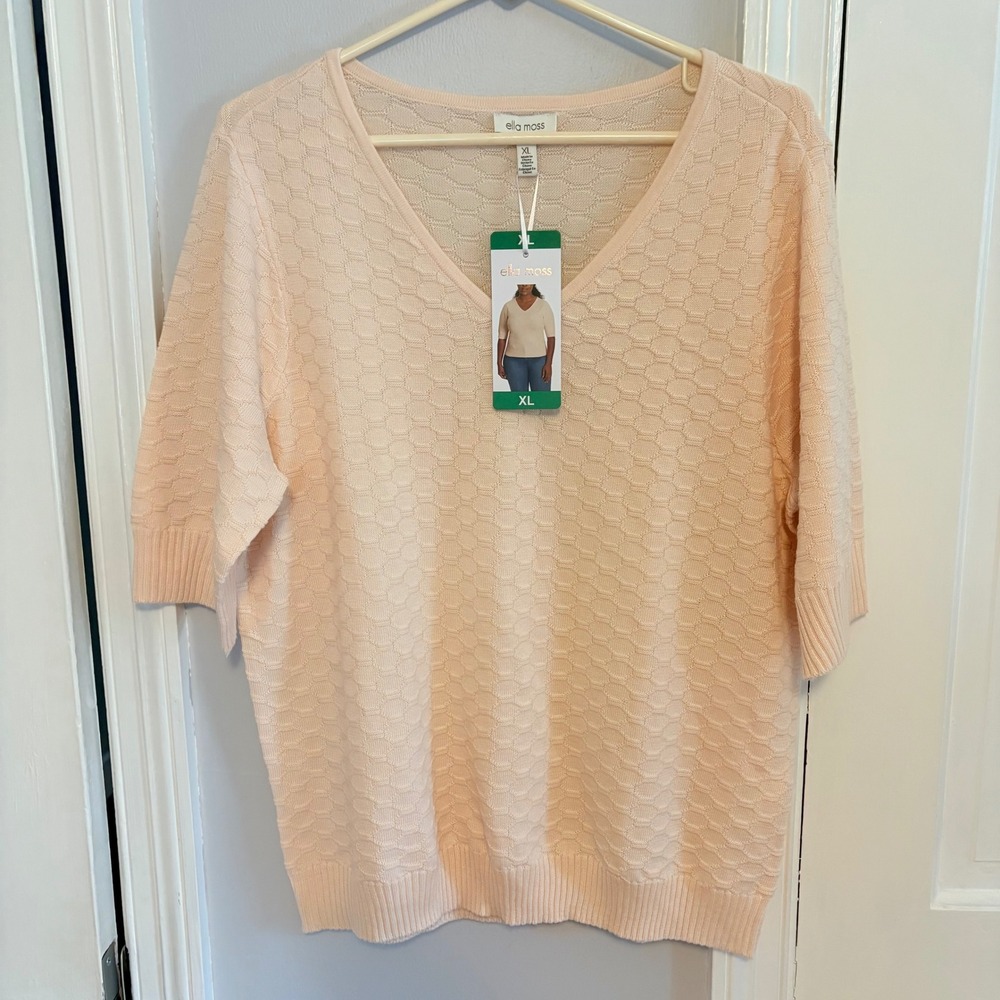 NEW Ellla Moss Women XL Sweater Cream V-Neck Elbow Sleeve Textured Knit